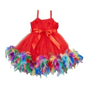 Mädchen rot Regenbogen Farbe Feder Rosette Blumenmädchen Kleid 12M-7