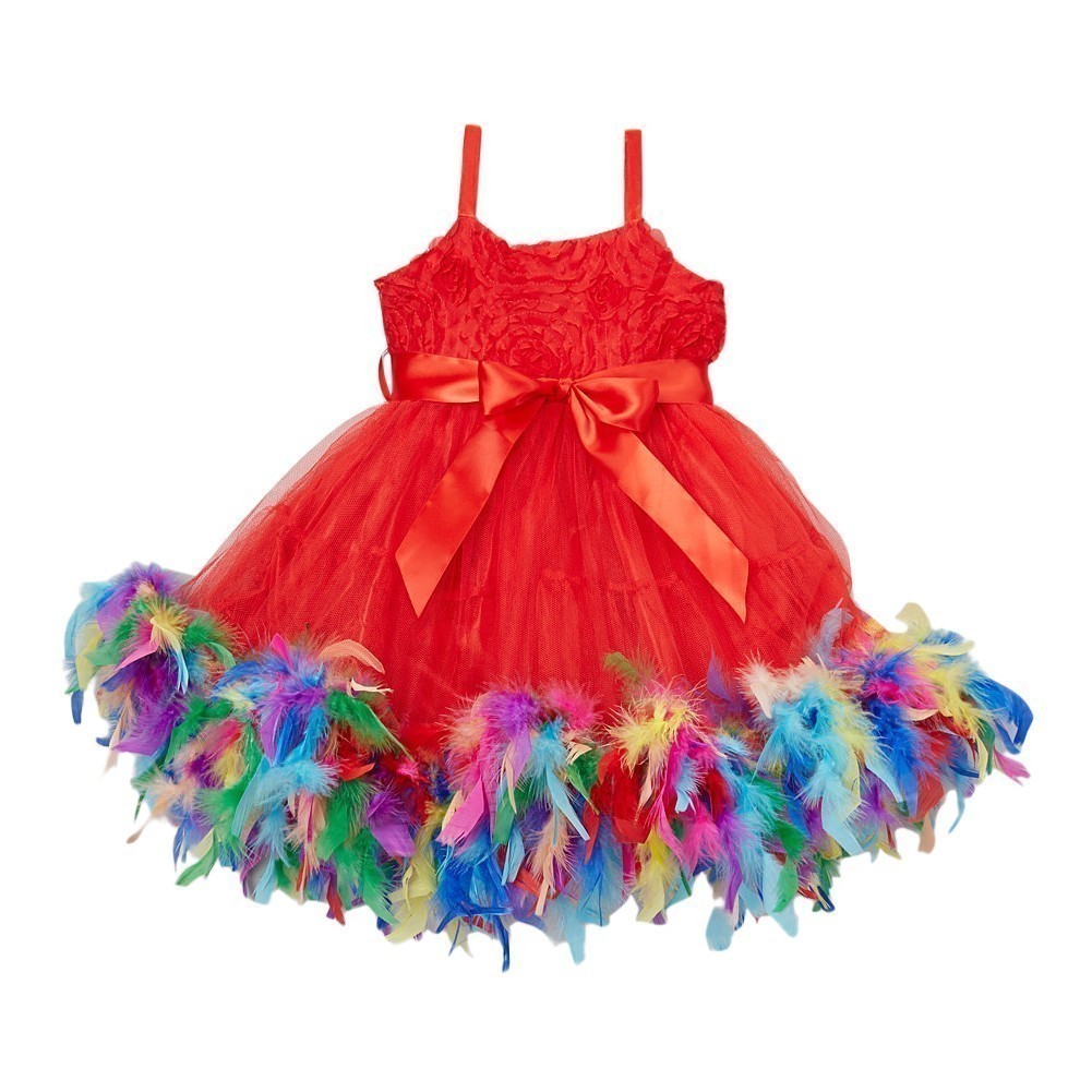 Mädchen Rot Regenbogen Farbe Feder Rosette Blumenmädchen Kleid 12M-7