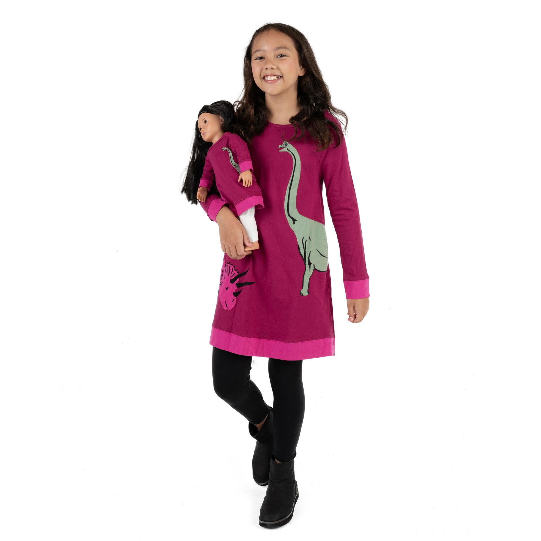 Mädchen und passende Puppe Baumwolle Kleid Dinosaurier