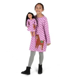 Mädchen und passende Puppe Baumwolle Kleid Lama
