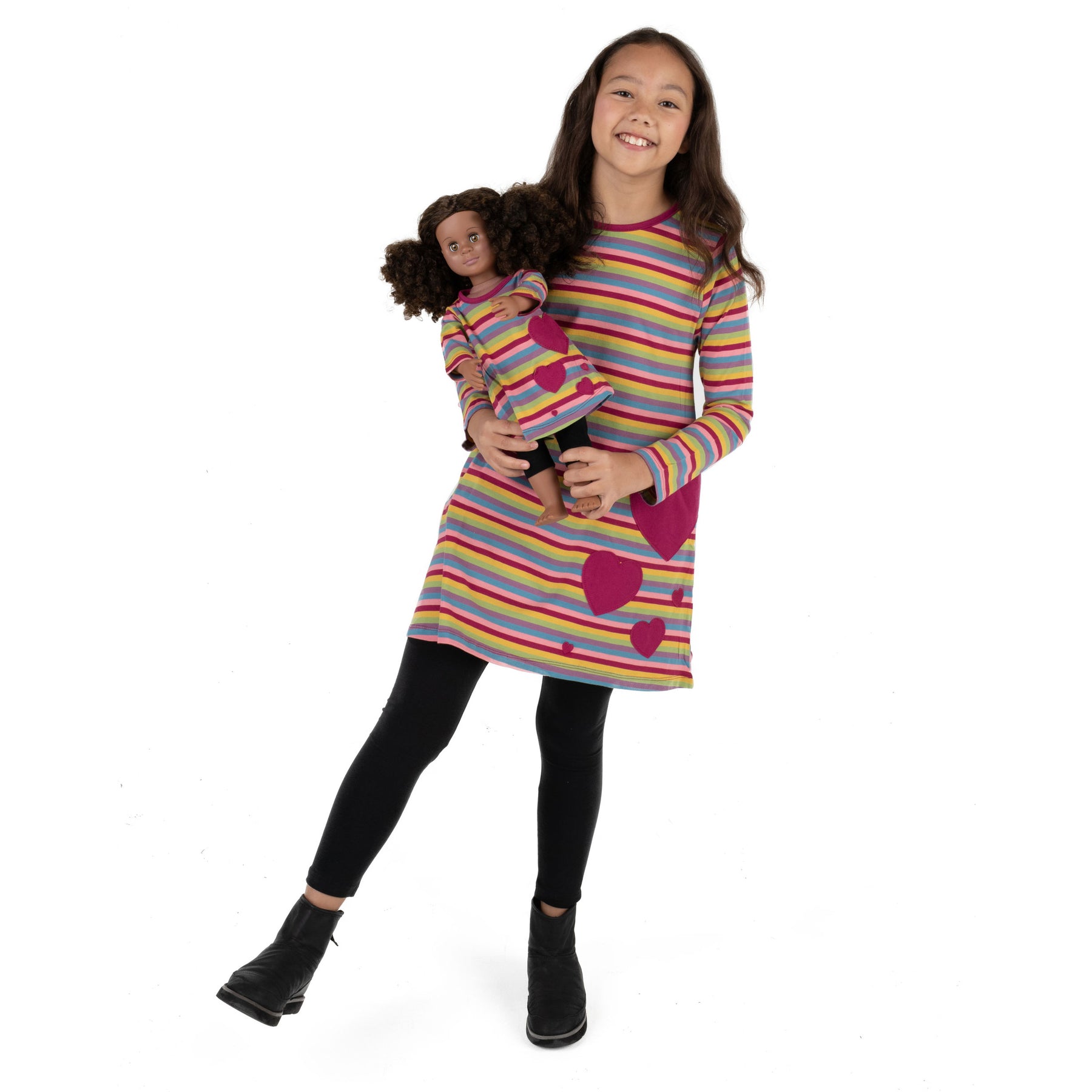 Mädchen und passende Puppe Baumwolle Kleid gestreift bunt