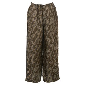 Fendi Logo Wide Leg Hose aus brauner Seide 7766489366588