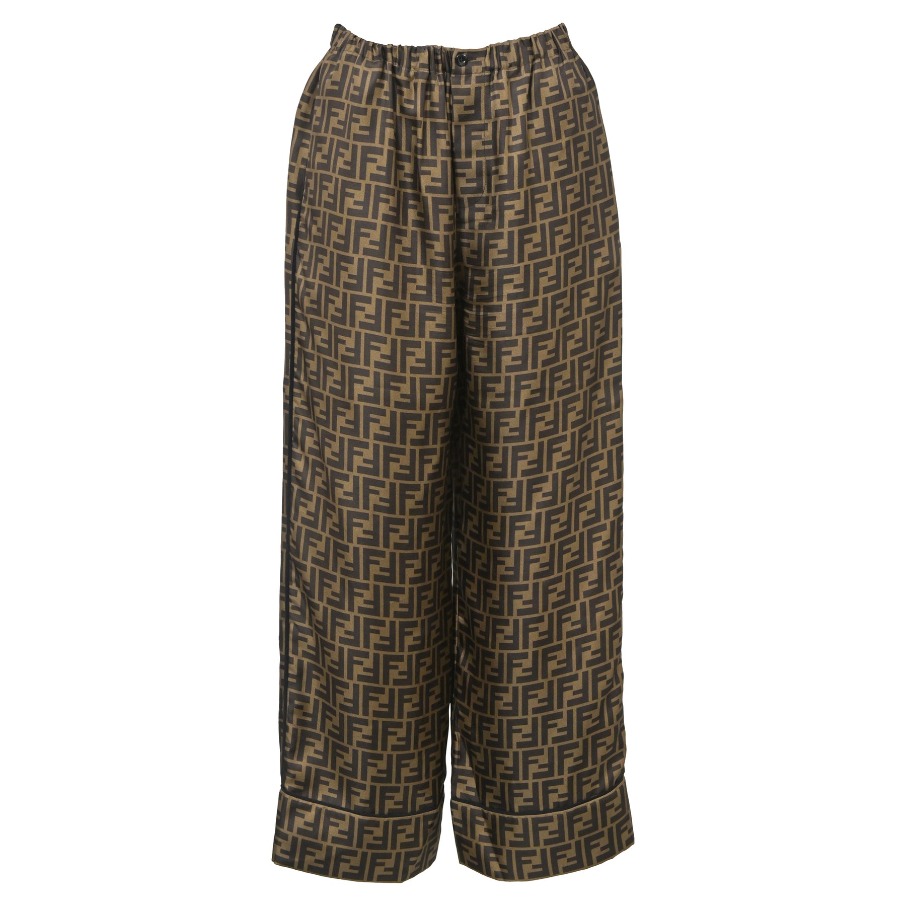 Fendi Logo Weit geschnittene Hose aus brauner Seide