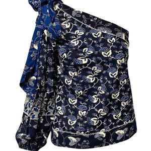Ulla Johnson Asima Batik One Shoulder Blouse in Blaue Baumwolle 7766489923644
