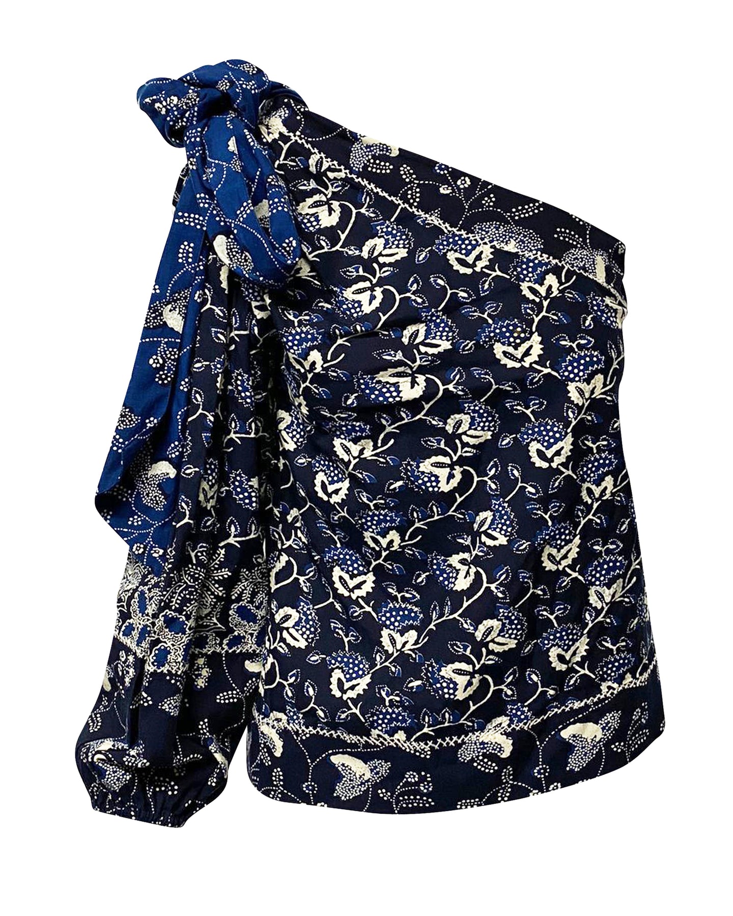 Ulla Johnson Asima Batik – Bluse mit einer Schulter aus blauer Baumwolle