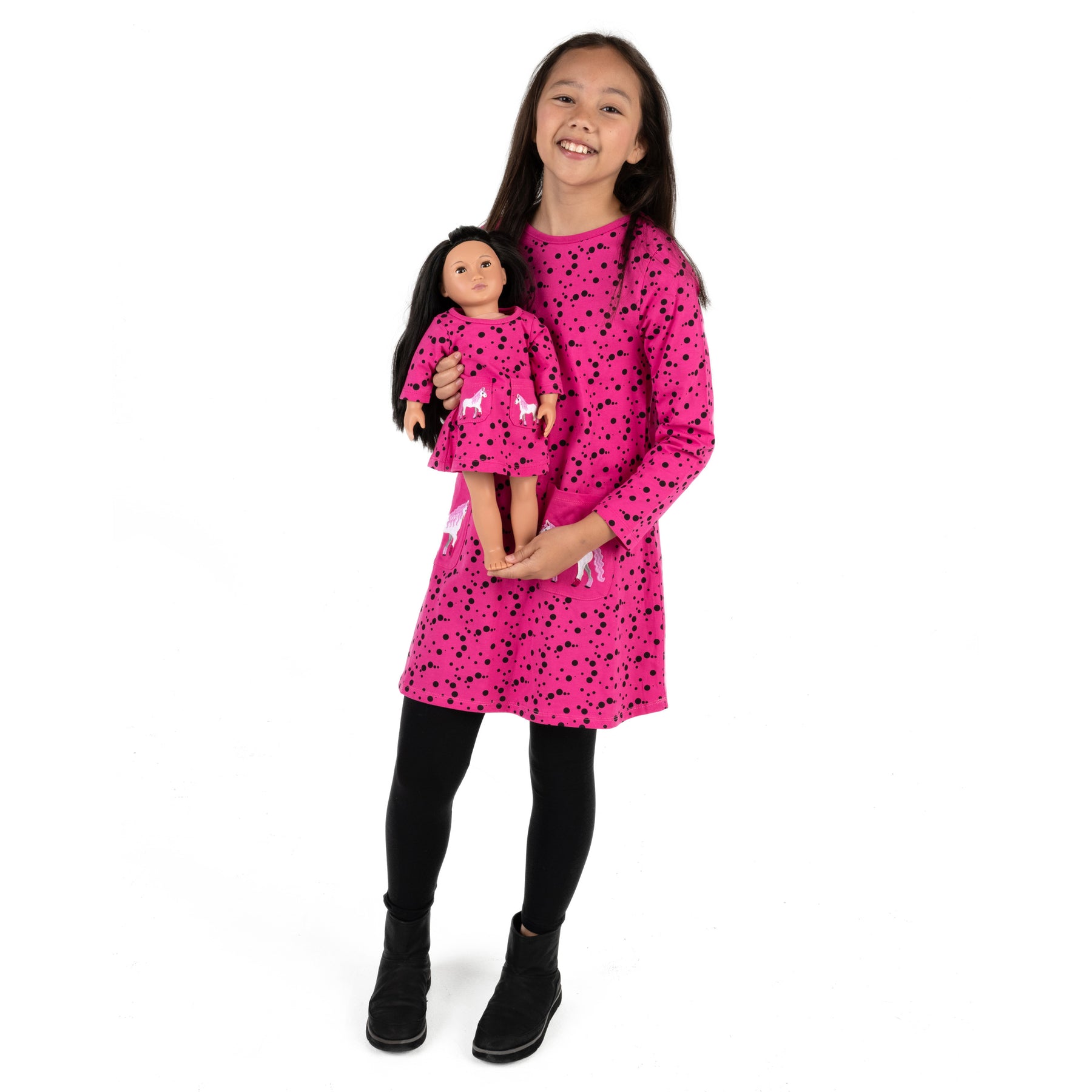 Mädchen und passende Puppe Baumwolle Kleid Dots mit Tasche