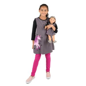 Mädchen und passende Puppe Baumwolle Kleid Einhorn mit Sternen