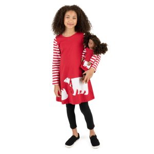Weihnachten Mädchen und passende Puppe Baumwolle Kleid Bär