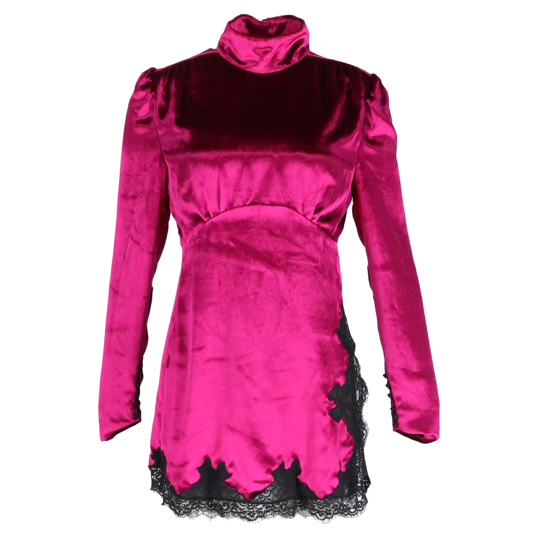 Alessandra Rich Baby Doll Spitze Besatz Minikleid in Samt Fuchsia Rosa