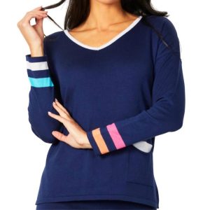 V-Ausschnitt Streifen Detail Pullover in der Marine
