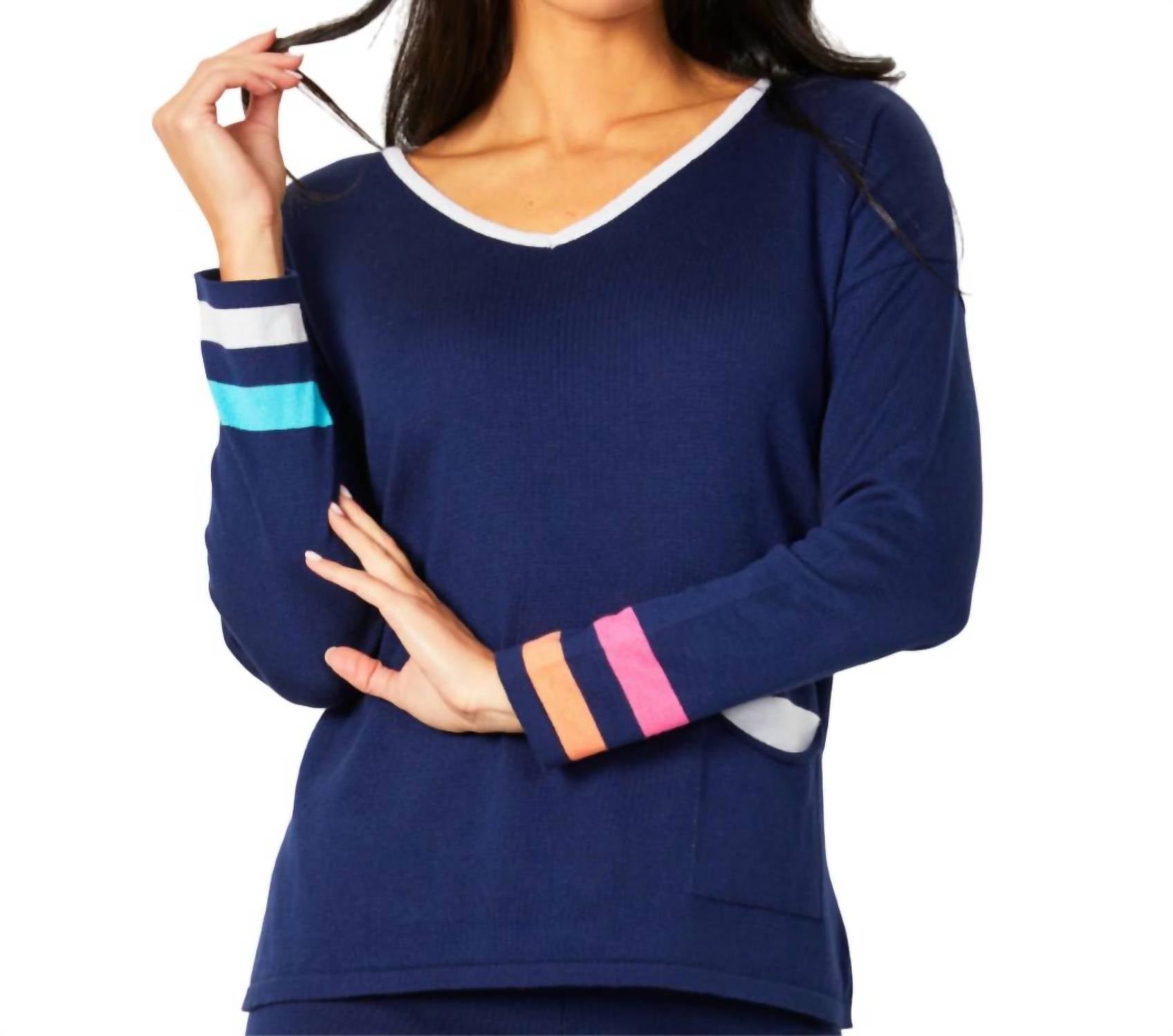 V-Ausschnitt Streifen Detail Pullover in Dunkelblau