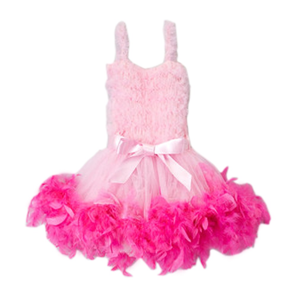 Mädchen rosa heiße rosa Feder Bogen Akzent Blumenmädchen Kleid 12M-7