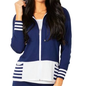 Zip Up Kapuzenpullover Double Stripe W/ Taschen in Dunkelblau/weiß