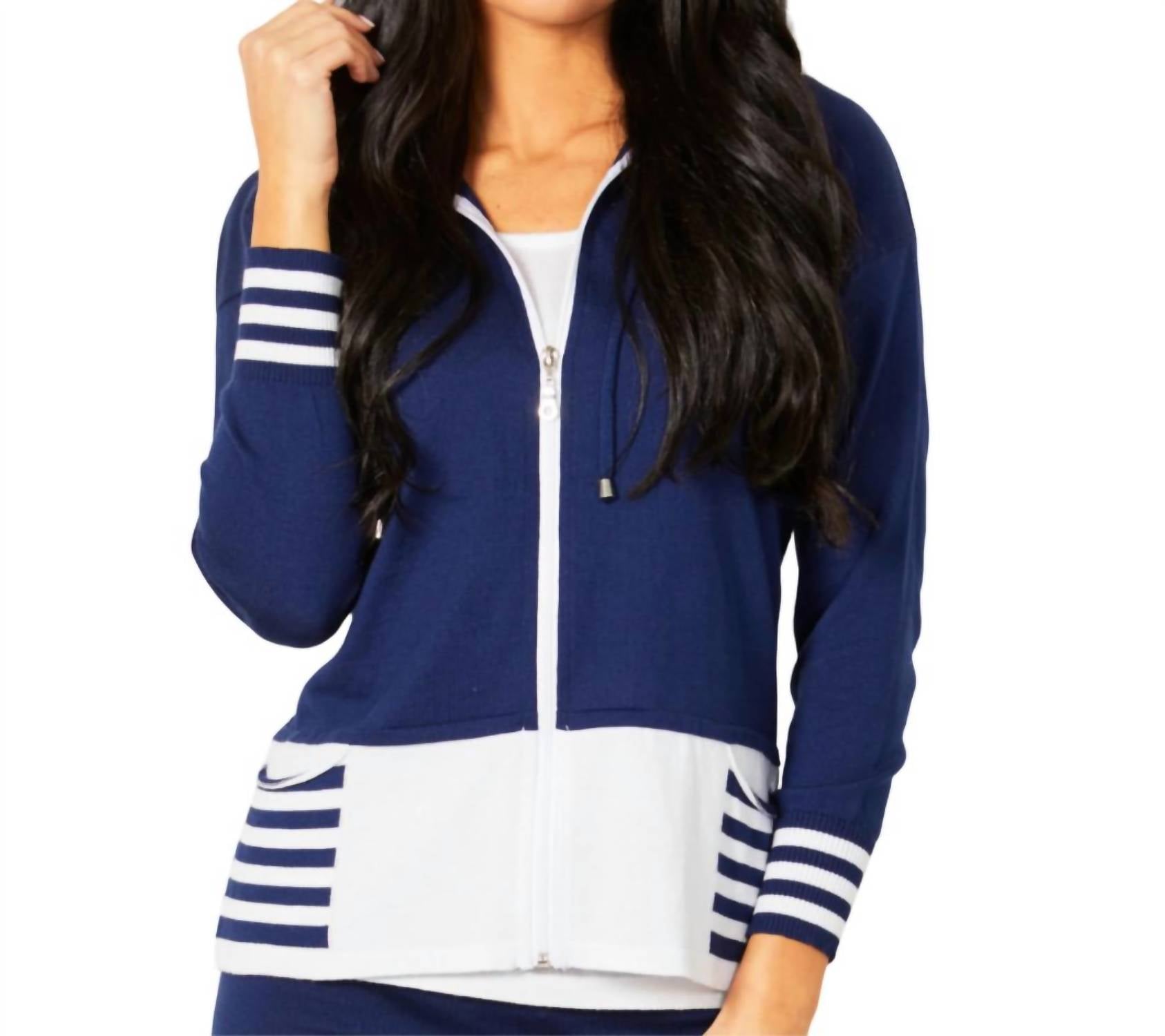 Zip Up Kapuzenpullover Double Stripe W/ Taschen in Dunkelblau/weiß