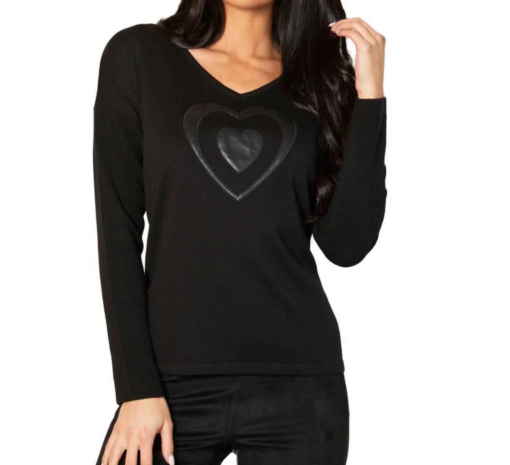 V-Ausschnitt Pleather Herz Detail Top in schwarz