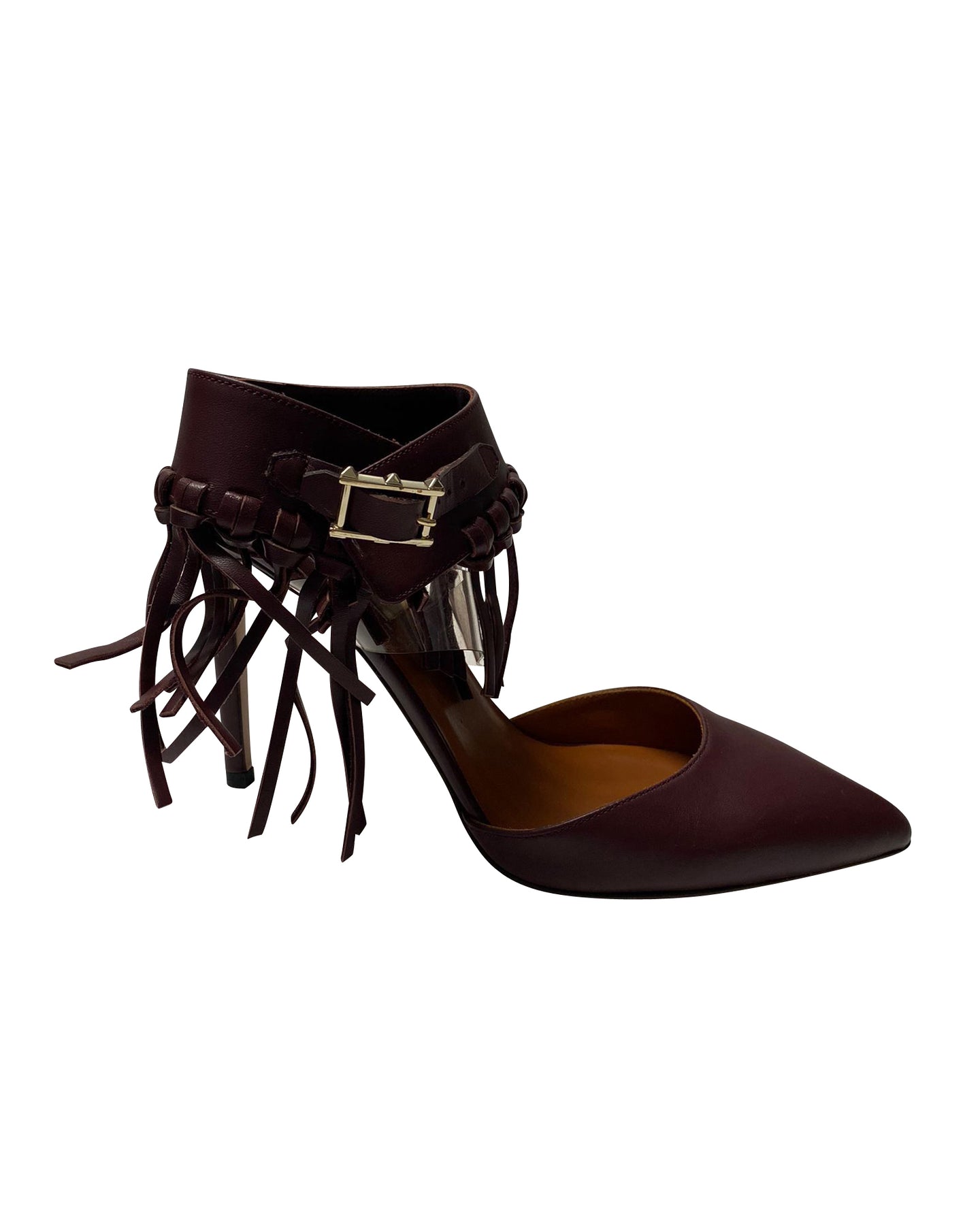 Valentino C-Rockee Fringe Sandalen mit Knöchelriemen aus Leder in Burgund