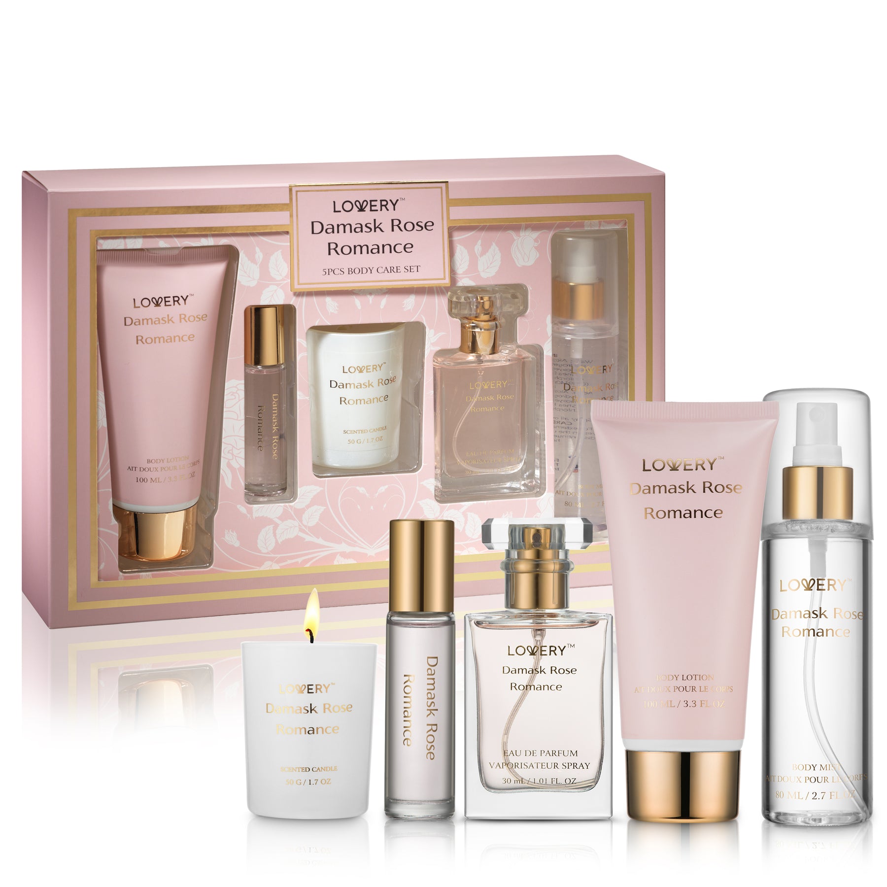 6-teiliges Damast Rose Romance Bade- und Körperpflege-Geschenkset mit Kerze und mehr