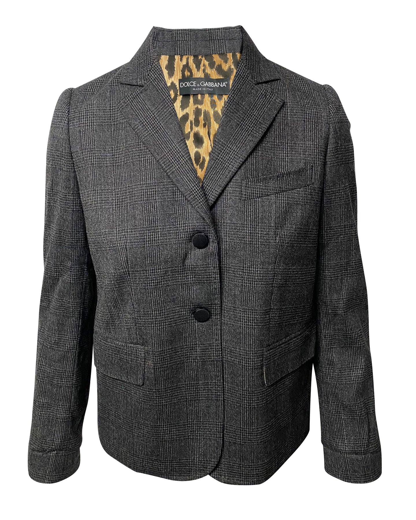 Dolce & Gabbana Einreiher Leopardenmuster Futter Blazer in grauer Wolle