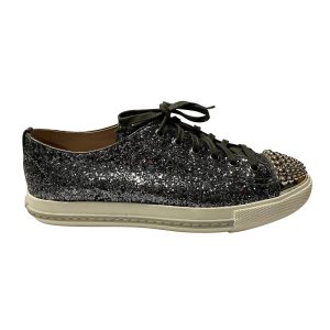 Miu Miu Studded Kappe Zehen mit Schnürung Sneakers in Silber Glitzer 7766499262524