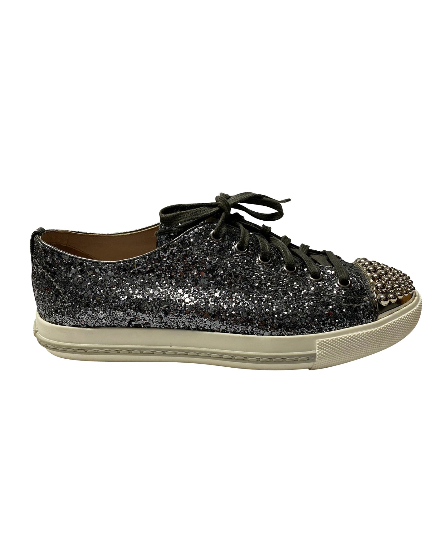 Miu Miu Beschlagene Kappe Toe Schnürsenkel Sneaker in Silber Glitzer
