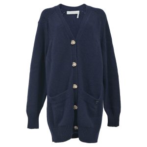Chloe Generous V-Ausschnitt Knopf unten Strickjacke in Marineblau Kaschmir 7766497787964