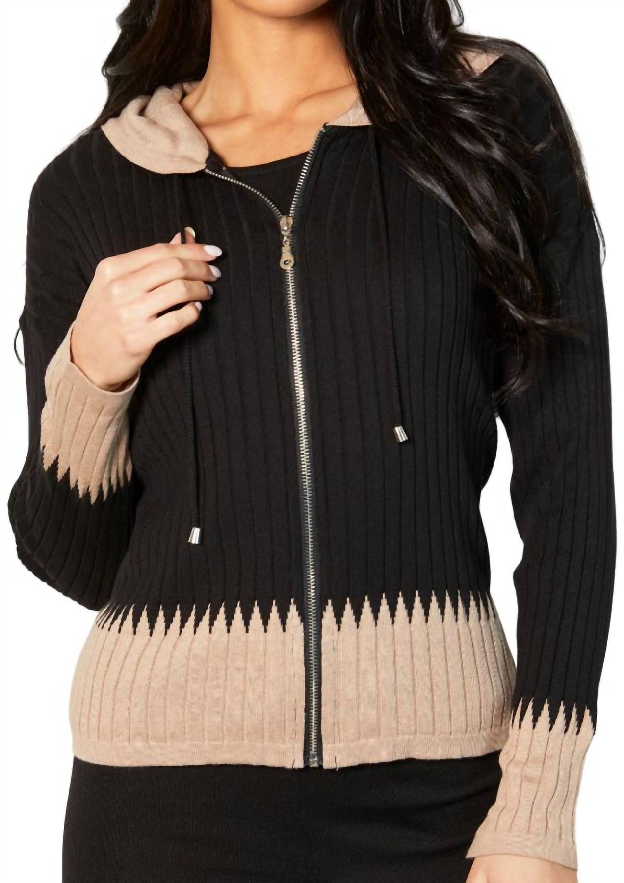 Strickjacke mit Reißverschluss in Schwarz/Sand – Kapuzenpullover