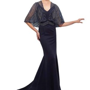 ärmellose Crepe Passform und Flare Kleid mit Umhang in Marine 7676560998460