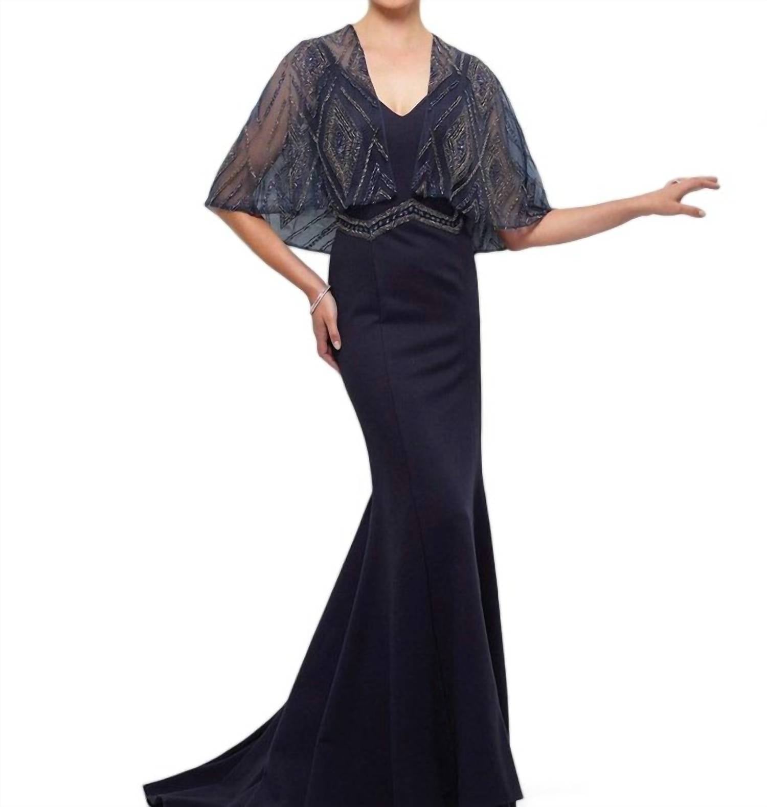 Ärmelloses Crepe Fit und Flare Kleid mit Cape in Dunkelblau