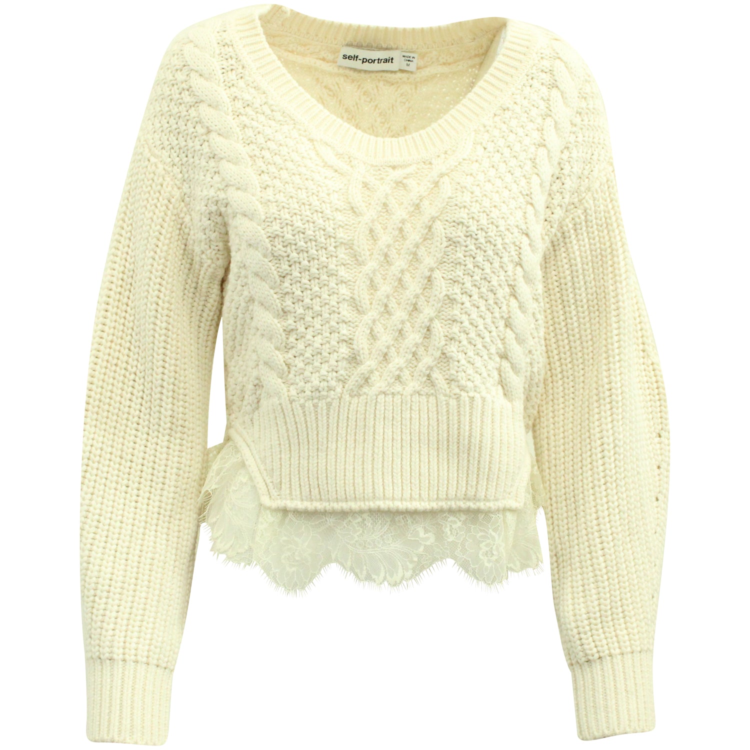 Self-Portrait Strickpullover mit Spitzenmuster aus cremefarbener Wolle