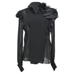 Lanvin geraffte Spitzen-getrimmte Chiffon Bluse in schwarzer Seide 7766539337788