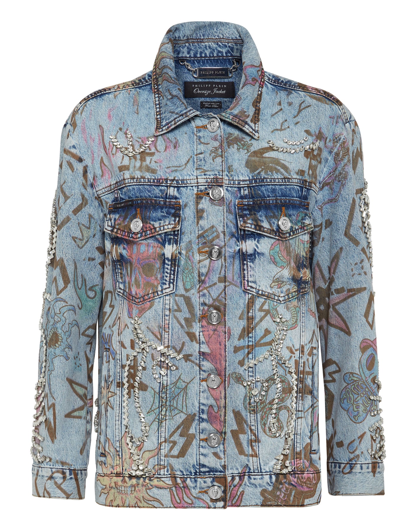 Jeansjacke Oversize Tattoo Monogram mit Kristallen