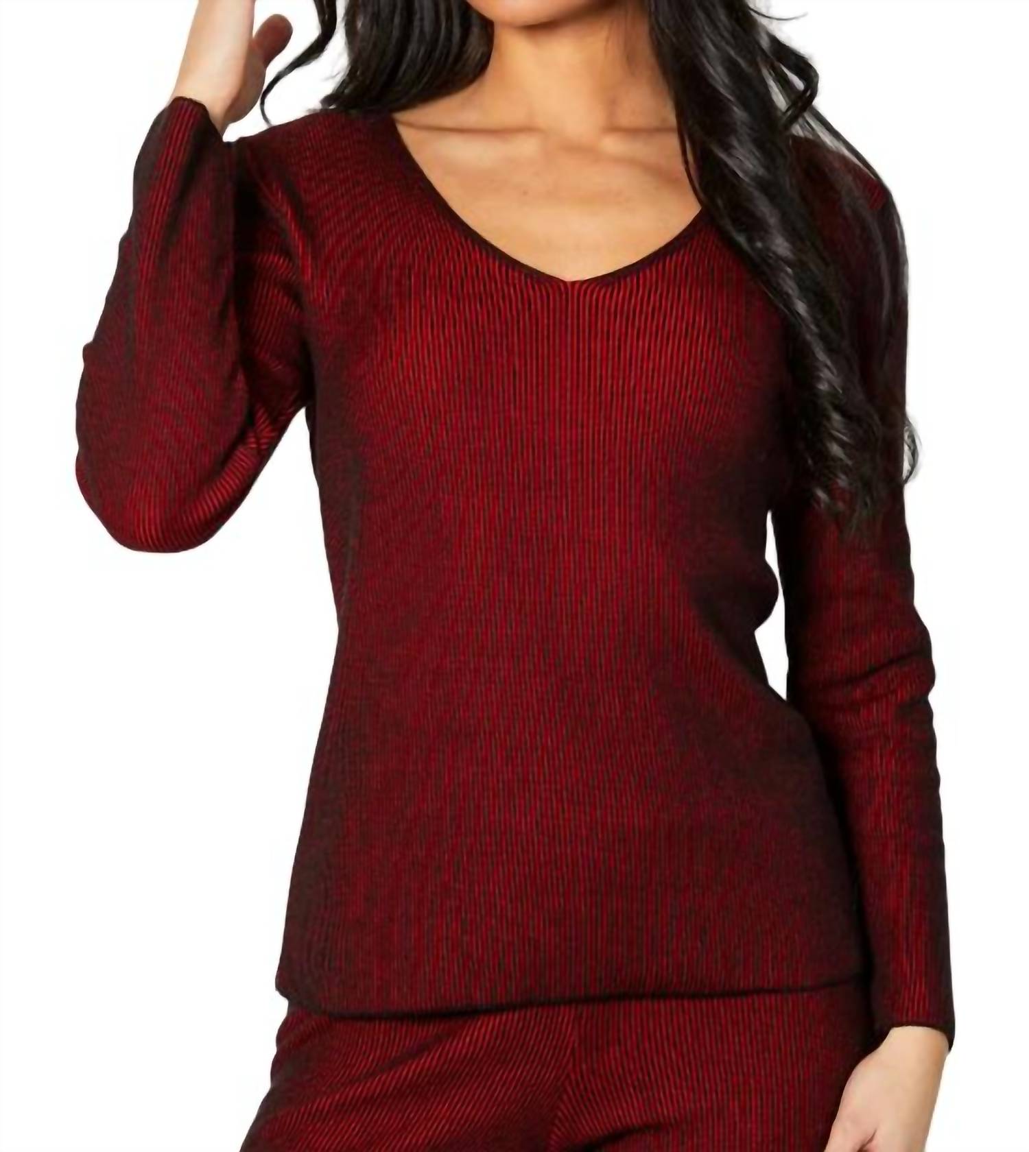 Two Tone gerippt V-Ausschnitt Top in Rouge