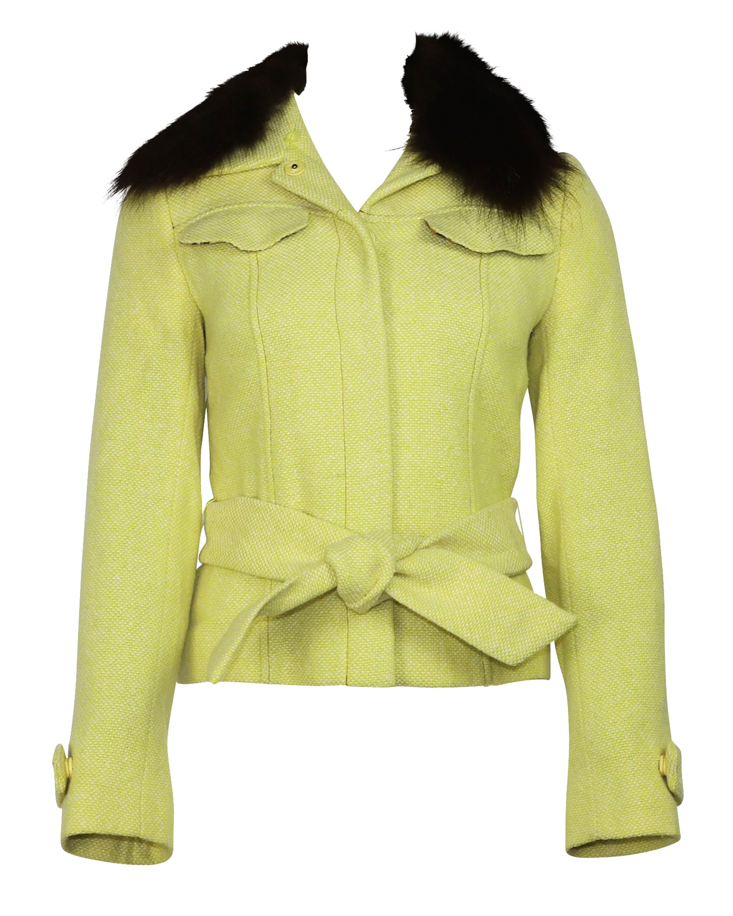 Dolce & Gabbana Tweed Belted Jacke mit abnehmbarem Fell aus gelber Wolle