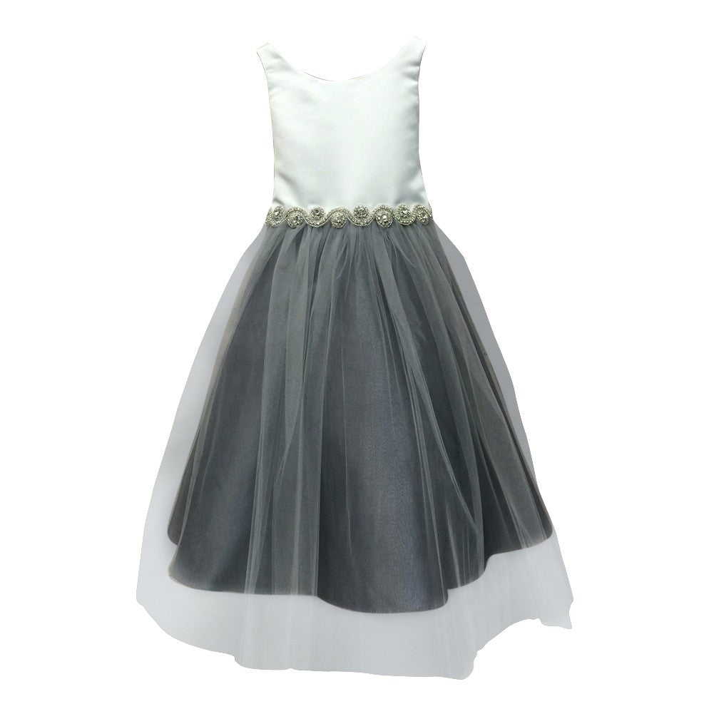 Große Mädchen Elfenbein grau Satin Strass Tüll Anlass Kleid 8-12
