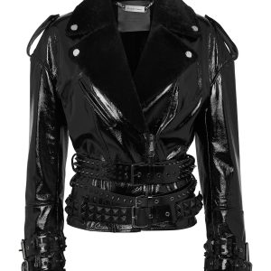 Übergroße Shearling & Lacklederjacke