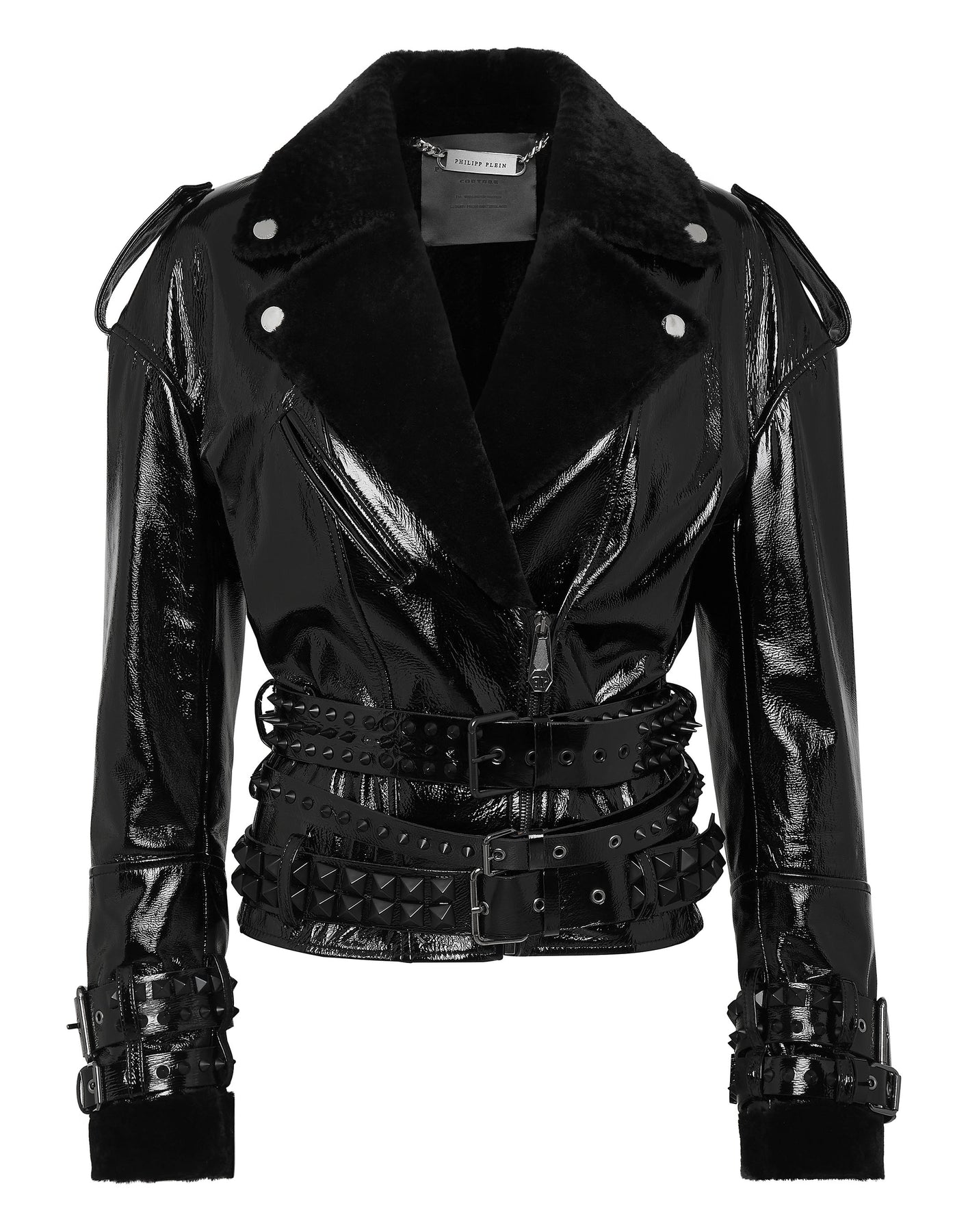 Übergroße Shearling & Lacklederjacke