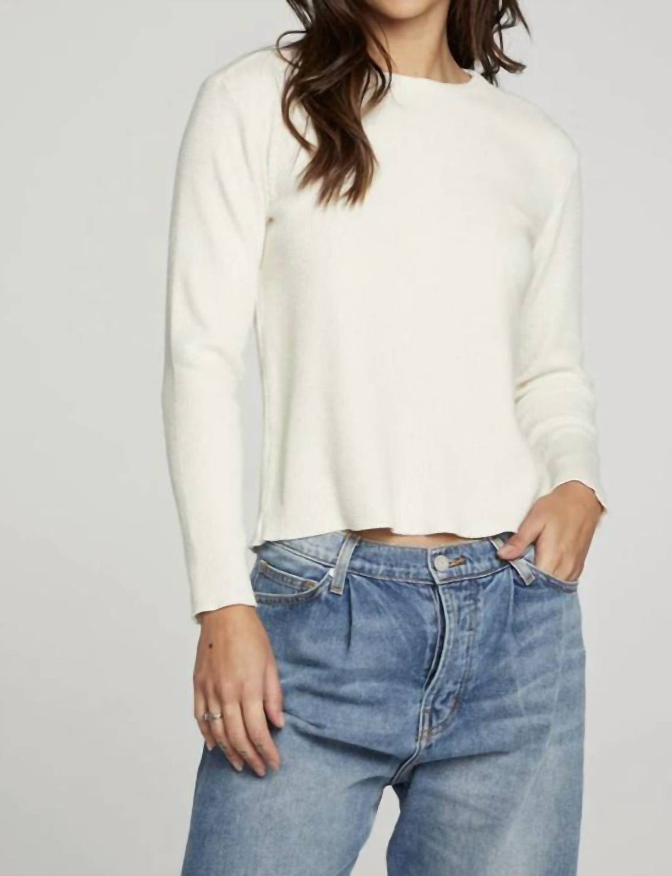Langarm T-Shirt mit Rundhalsausschnitt in Creme