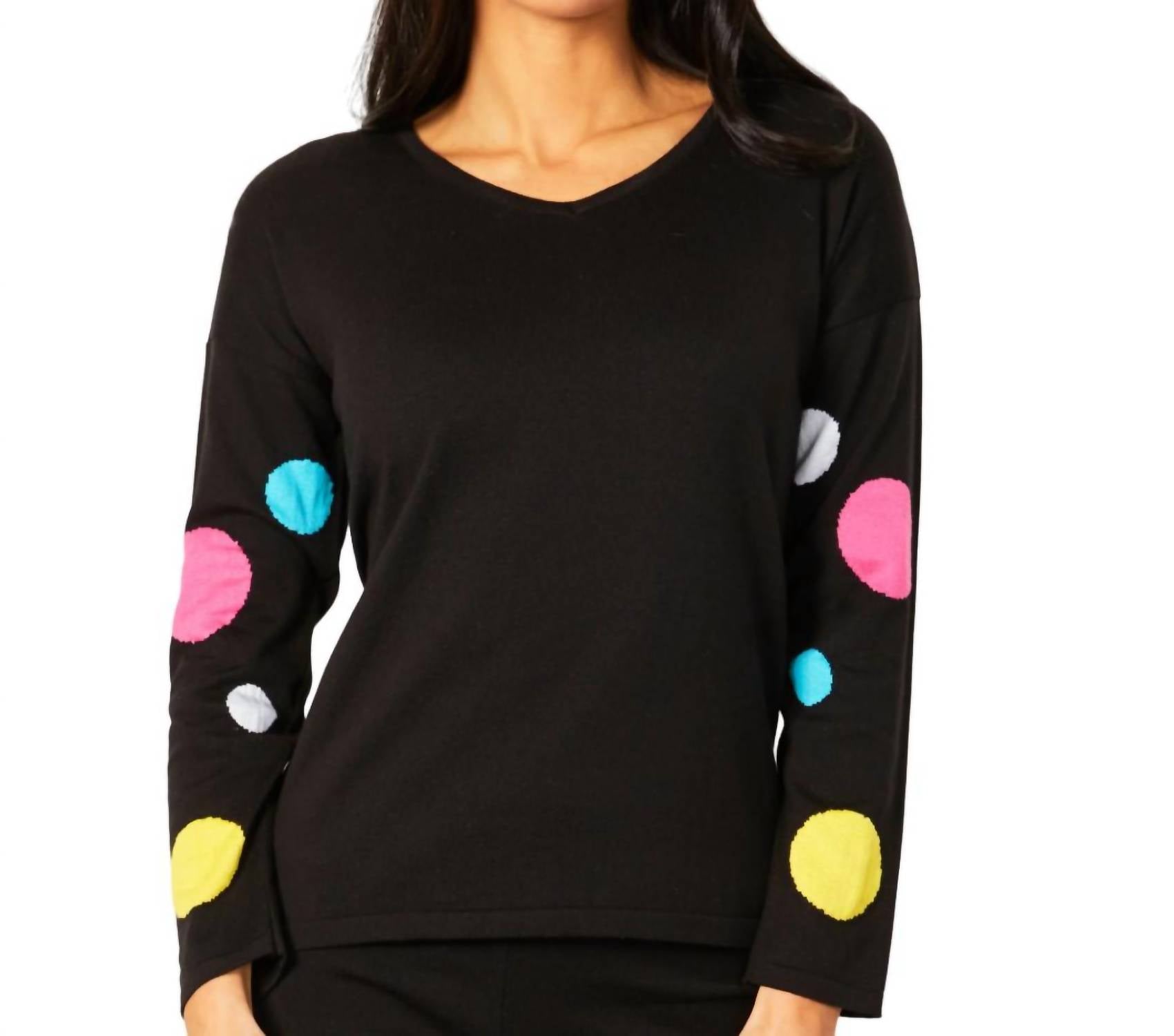 V-Ausschnitt Polkadot Detail Ärmel Top in schwarz