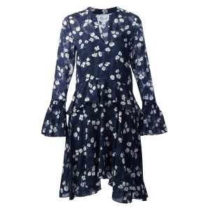 Damen florale Knie Länge ausgestellt Kleid in Marine 7676577153084