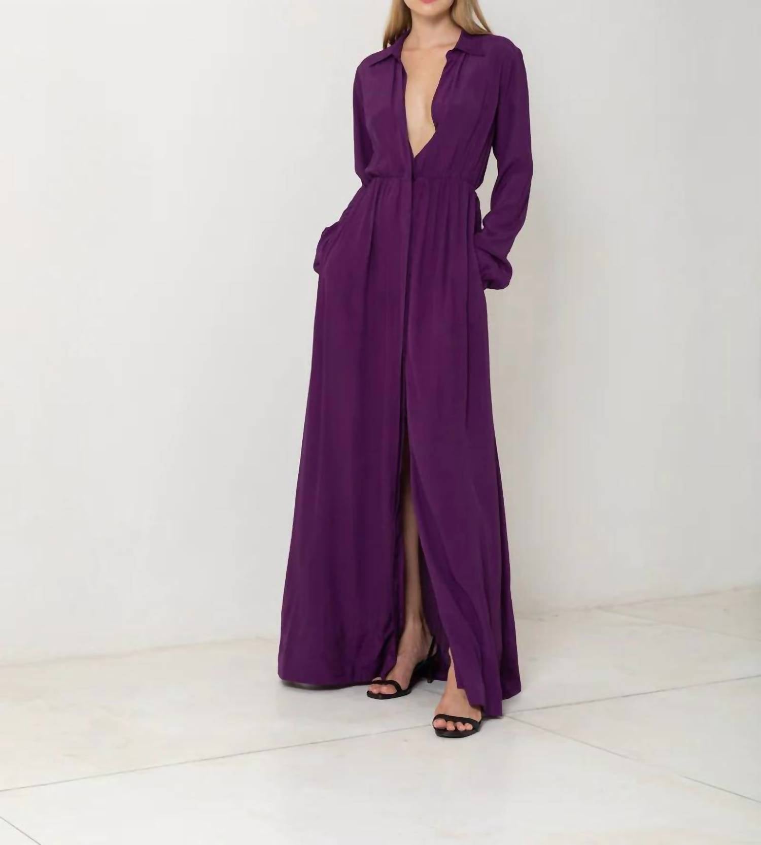 Lange Ärmel Knopf bis Maxi Kleid in Pflaume