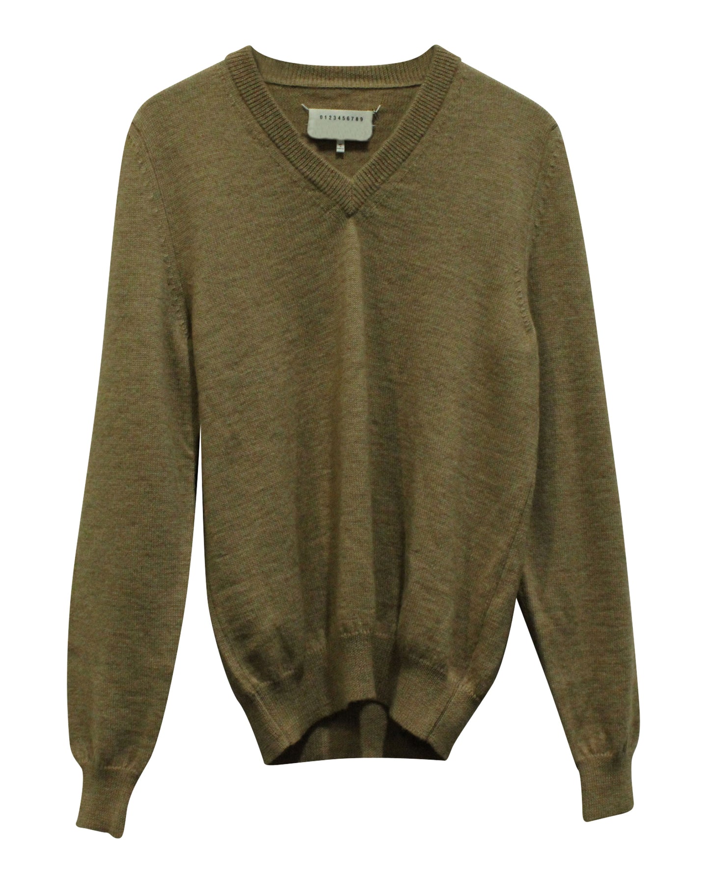 Maison Margiela Sweatshirt mit V-Ausschnitt und Ellbogen-Aufnäher aus brauner Wolle