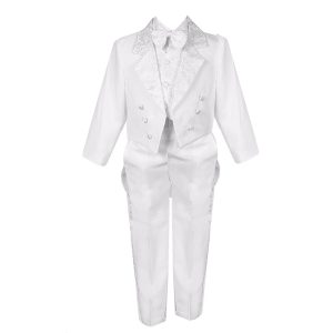 Baby Jungen Weiß 5 Stück Weste Hosen Schwanz Jacke Jacquard Tuxedo Anzug 3-24M