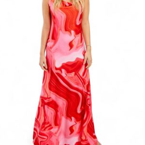 Spaghetti Strap Print Kleid in rot/rosa – 7676650127420
