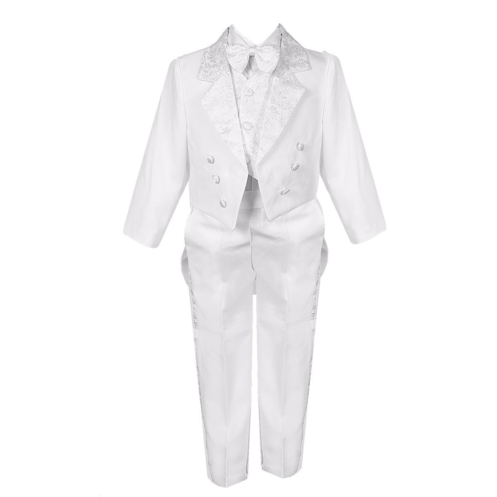 Kleine Jungen Weiß 5 Stück Weste Hosen Schwanz Jacke Jacquard Tuxedo Anzug 2-7