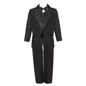 Schwarze 5-teilige Weste, Hose, Frack, Jacquard-Smokinganzug für kleine Jungen, 2–7