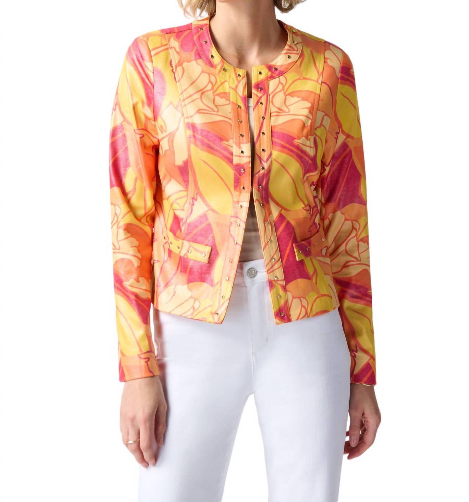 Tropical Muster Jacke aus Kunstleder in Rosa/Mehrfarbig