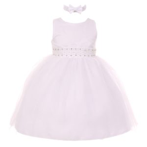 RainKids Baby Mädchen weiße Perle Diamant Akzent Tüll Blumenmädchen Kleid 6-24M