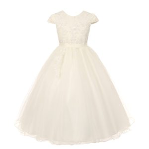 Rainkids Blumenmädchenkleid für kleine Mädchen, Elfenbein, Perlen, Pailletten, Tüll, Kommunion, Größe 4–6