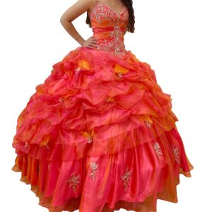 Quinceañera V-Ausschnitt Kleid aus Kirsche/Gold 7766574530620
