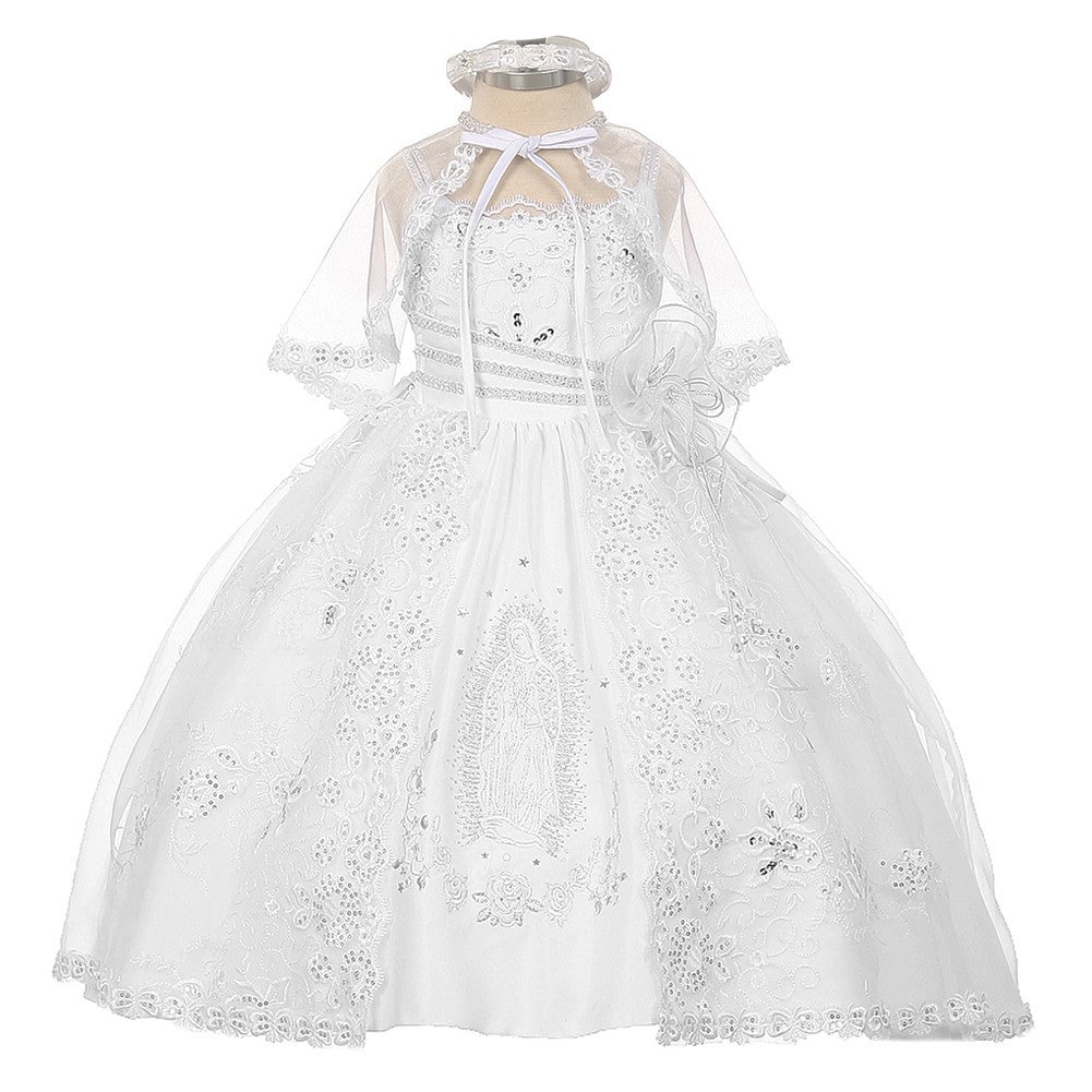 Kleine Mädchen weiß Organza Jungfrau Maria Stickerei Taufe Kleid 2-6